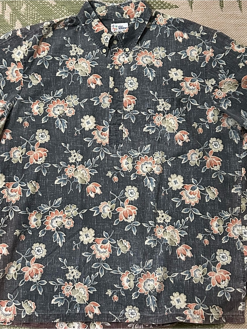 Reyn Spooner Charcoal Floral Camp Shirt with Peach & Cream Blooms XXL